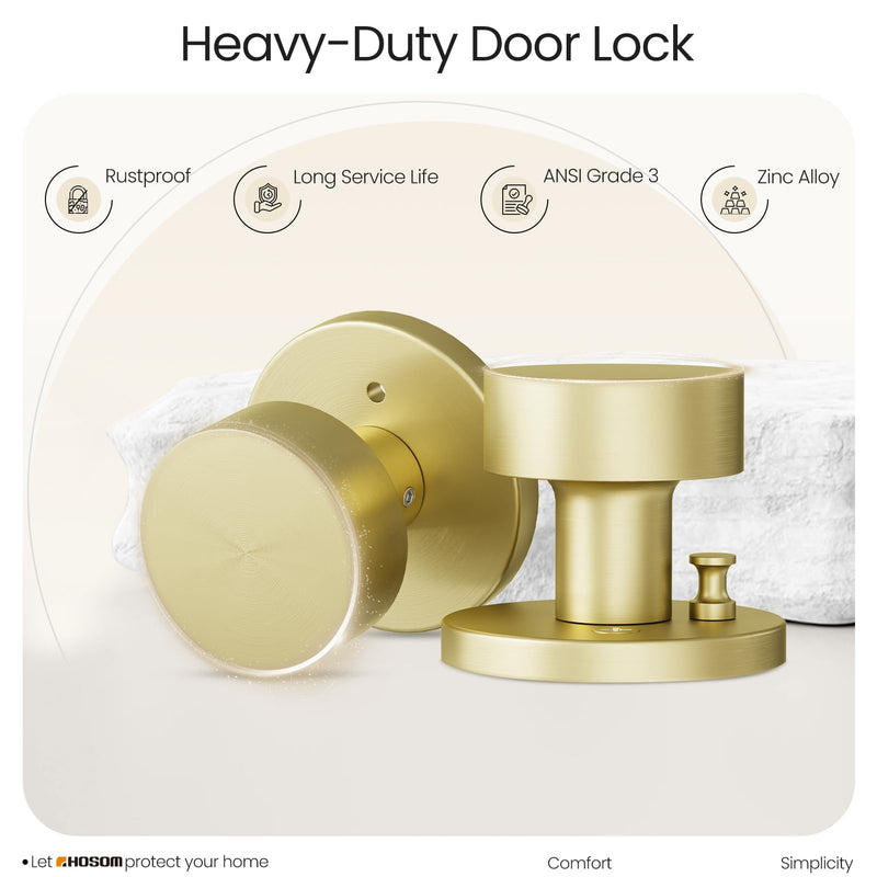 HOSOM Gold Door Knob, Privacy Door Knob, Bathroom Bedroom Door Knobs with Lock Exterior Interior Satin Brass Door Locks Heavy Duty Door Handle Keyless Doorknob with Round Ball,1 Pack