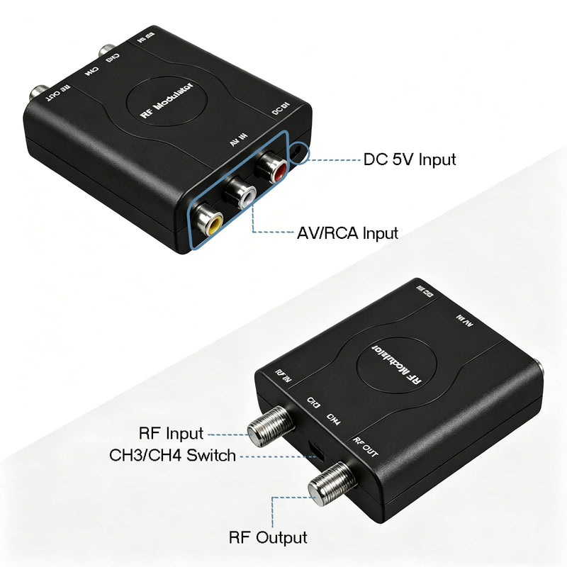 RCA to RF Modulater for TV, AV to Coaxial RF Converter with CH3/CH4 Switch, Analog Video Audio Modulator NTSC Format for Retro Game Console, VHS Player, DVD, VCR