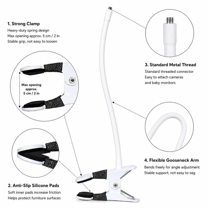 Baby Monitor Mount for HelloBaby: HB65/HB6550/HB66/HB248/HB30 | Adjustable Flex Stand - 3-Second Tool-Free Clamp - Non-Slip Rubber Grip - Secure for Crib - Fits 15-60mm Rail