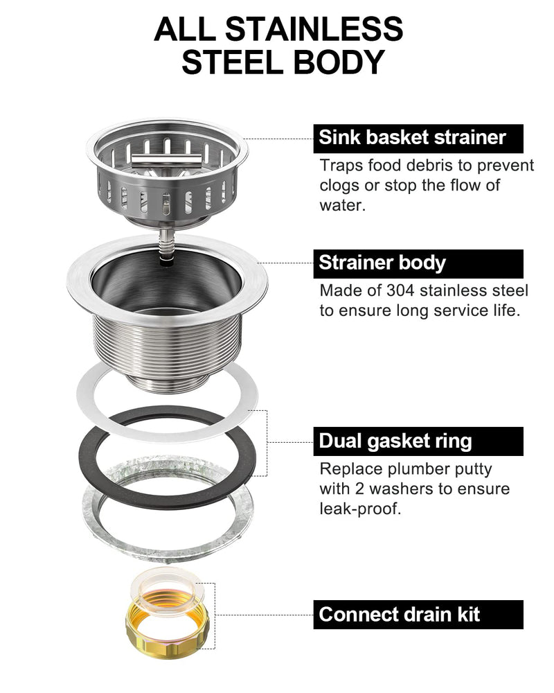 BOTEMY B9171 Kitchen Sink Drain 3 1/2 Inch Kitchen Sink Drain Strainer Assmebly Kit Stainless Steel Sink Strainer Basket/Drain Stopper for 3.5'' Standard American Drain Hole (Brushed) Brushed
