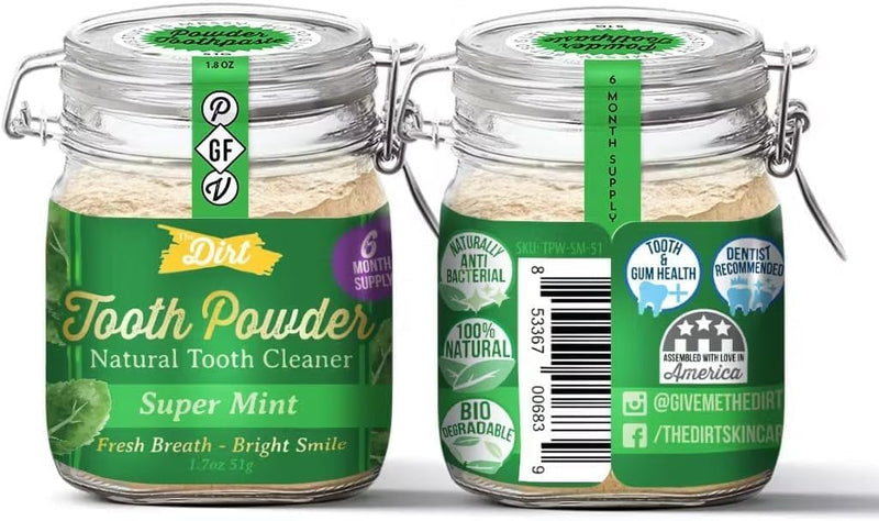 The Dirt - Remineralizing Tooth Powder, Natural Fluoride-Free Teeth Whitening Powder with Hydroxyapatite, Flouride & Gluten Free, Organic Vegan (Super Mint, 51g: 6 Month Supply) Super Mint 1.7 Ounce (Pack of 1)