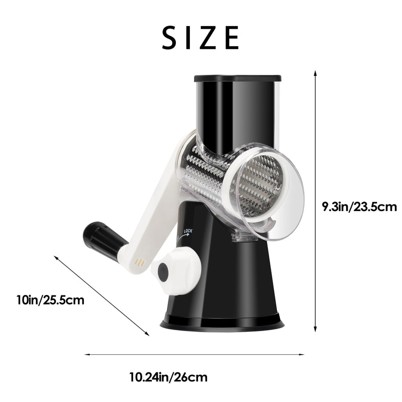 Cheese Grater Hand Crank, Rotary Vegetable Shredder with Handle and Strong Suction base, 3 in 1 Kitchen Speed Spin Veggie Slicer Nut Grinder for Pizza Top, Hash brown, Salad and More (Black) Stainless Steel + Plastic (BPA Free) Black