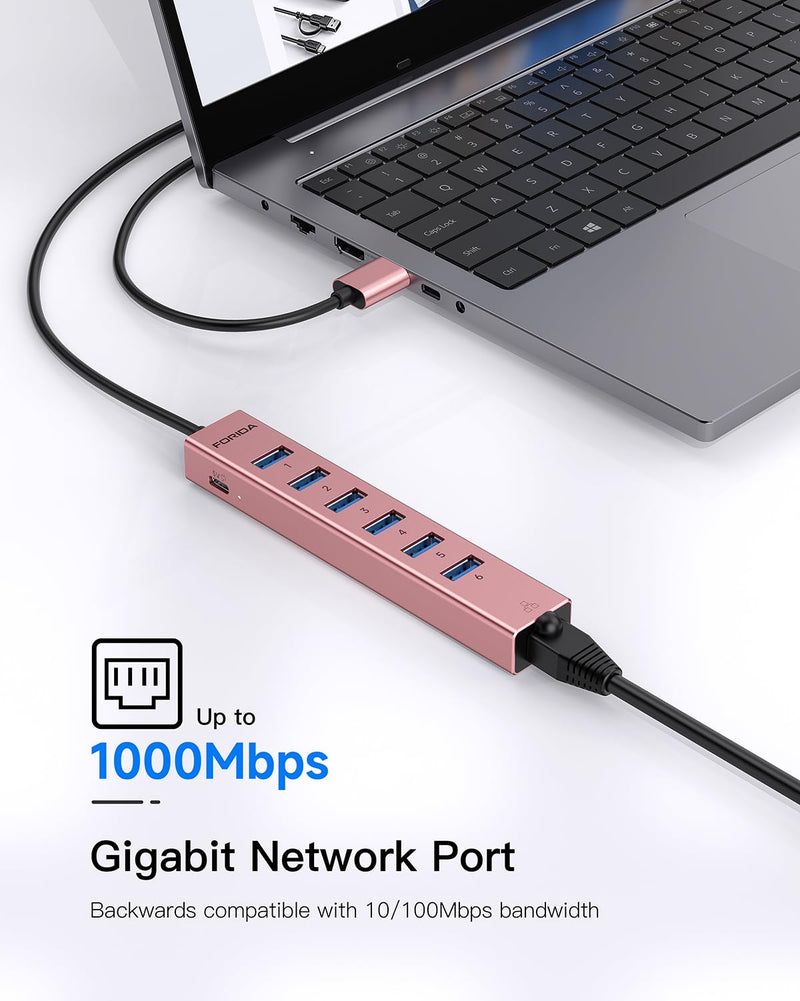Aluminum USB 3.0 Adapter USB to Ethernet HUB with 120CM Long Cable for Laptop USB Extender with Gigabit Ethernet Port and 5V/3A Power Port 7 Ports USB Hub for iMac PC Flash Drives (Rose Gold) Rose Gold