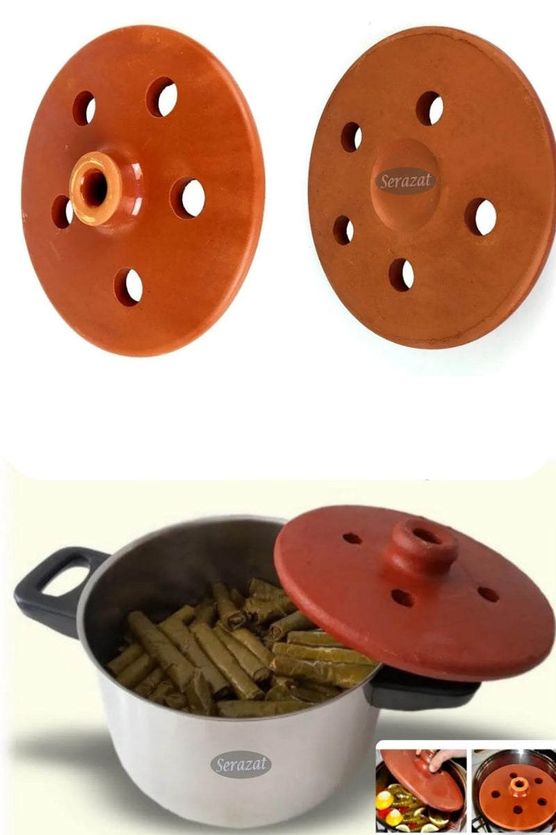 Serazat Handmade Clay Pot Dolma Lid Cover-Terracotta Glazed Grape Leaf Roll Lid Natural Earthenware Weighted Cooking Grill Plate for Dolma Perfect Tool for Stuffed Dishes! (Medium 8.2 in)