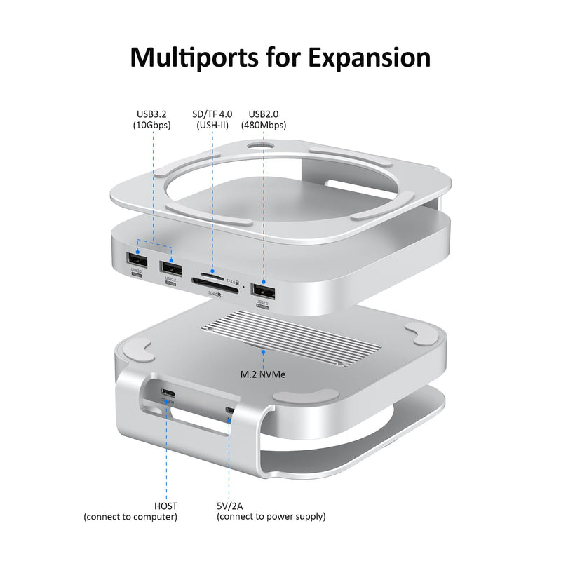 Akyyajaure Mac mini Hub: 9 in 1 Aluminum Stand & Dock for Mac mini M4 Pro with M.2 NVMe SSD Enclosure, 10Gbps USB-A*2, SD/TF Card Readers, USB 2.0 MC60