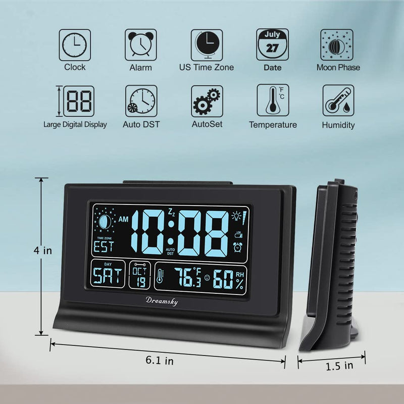 DreamSky Alarm Clocks for Bedrooms with Battery Backup, Auto Set Digital Clock with Date and Day of Week, Indoor Temperature Humidity, Moon Phase, Dimmer, Auto DST, USB Port Black-humidity & Moon Phase