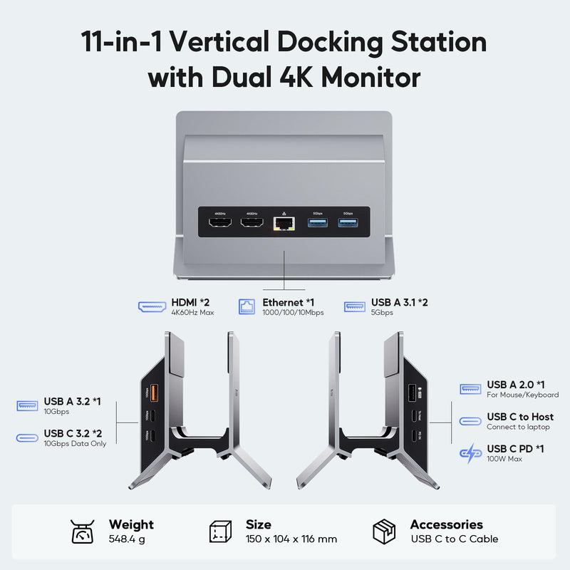 Laptop Docking Station Dual Monitor, 11 in 1 Vertical USB C Dock Stand with 2 HDMI 4K 60Hz, 3 USB A/C 10Gbps, 2 USBA 5Gbps, USB-A 2.0, Ethernet, PD 3.0 Docking Station for Type-C Laptops Grey