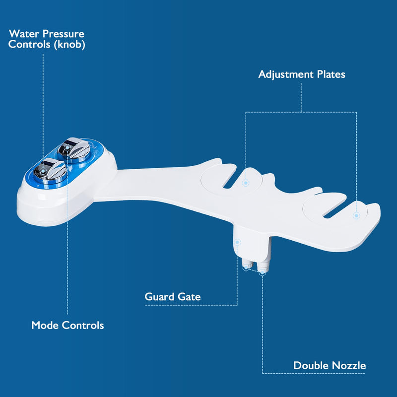 Non-Electric Bidet Attachment for Toilet, Dual Nozzle Rear & Feminine Wash | Easy to Install Self-Cleaning, Adjustable Water Pressure, for any Standard Two-piece Toilet