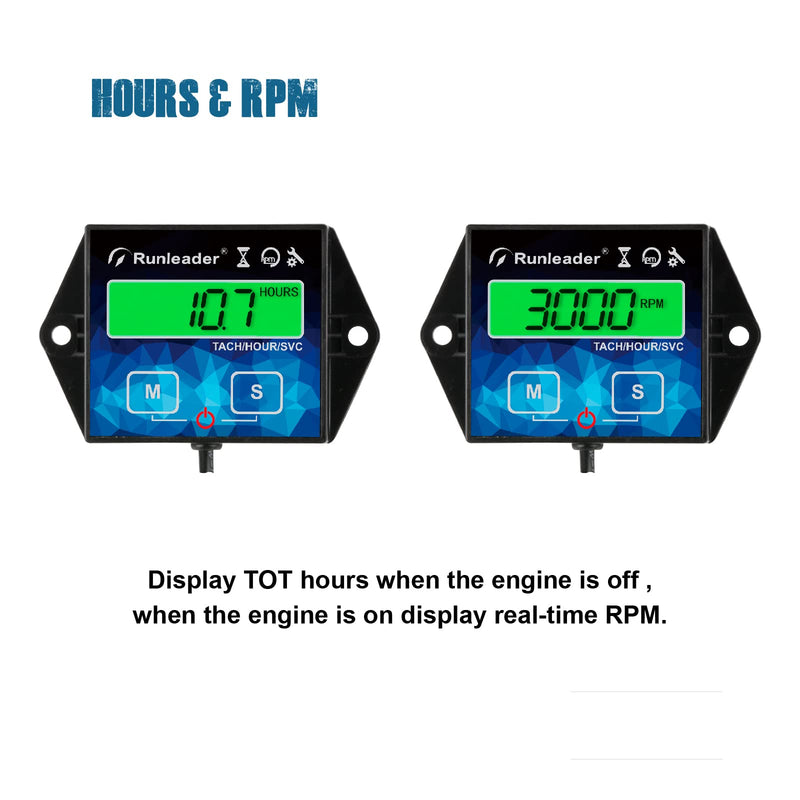 Digital Hour Meter Tachometer Maintenance Reminder Backlight Battery Replaceable for Small Gasoline Engine Lawnmower Snowblower Generator（Wire Length 10ft）