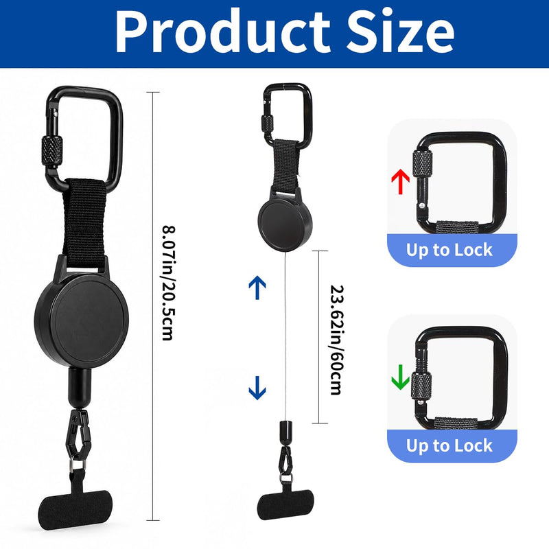 Retractable Phone Tether Anti Theft: Phone Lanyard for Skiing, Hiking, Outdoor Travel, Anti Pickpocket Phone Strap with Locking Carabiner & Universal Anchor(2PCS) Black Black-2pack