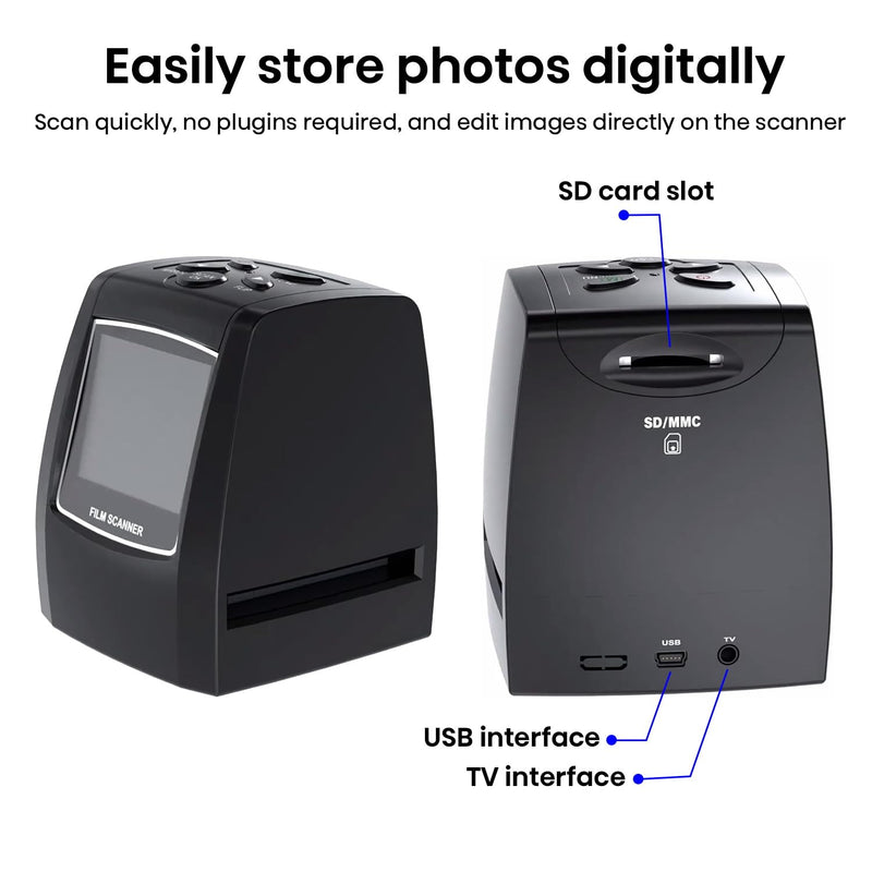 DigitConvert 35mm Film Scanner & Slide Scanner with 2.4" LCD Screen | Converts color and B&W 135 negatives & Slide to JPEG digital; Saves to SD or SDHC card (not included); No Computer Needed Black