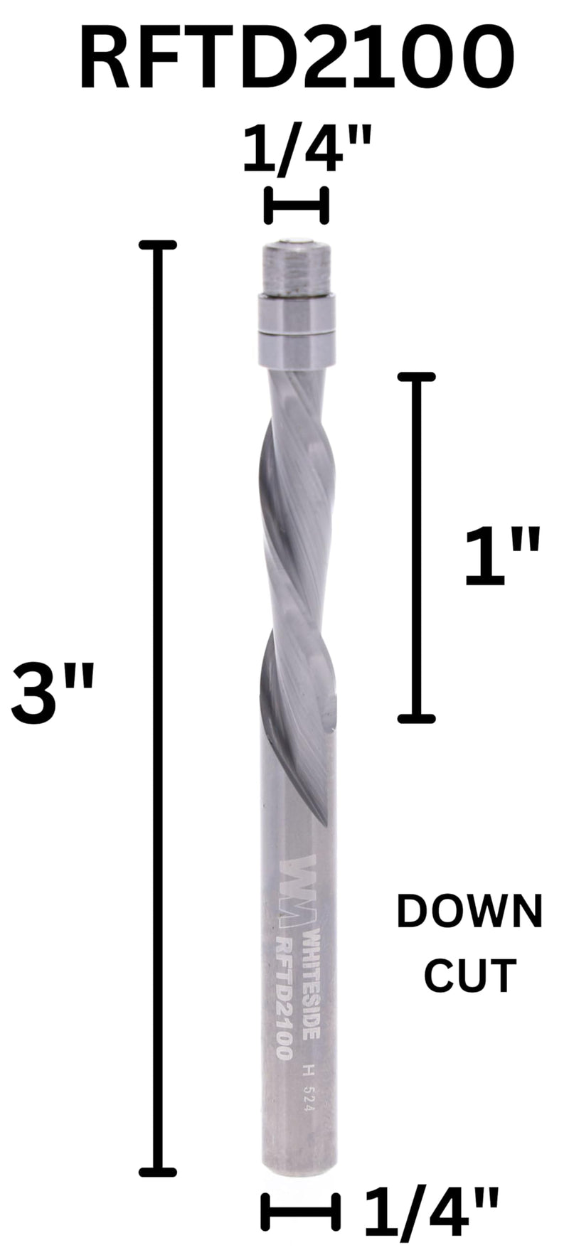 Whiteside RFTD2100 Spiral Downcut Flush Trim Router Bit: 1/4 Inch Cutting Diameter, 1/4 Inch Shank, 1 Inch Cutting Length, Double Bearing Guide