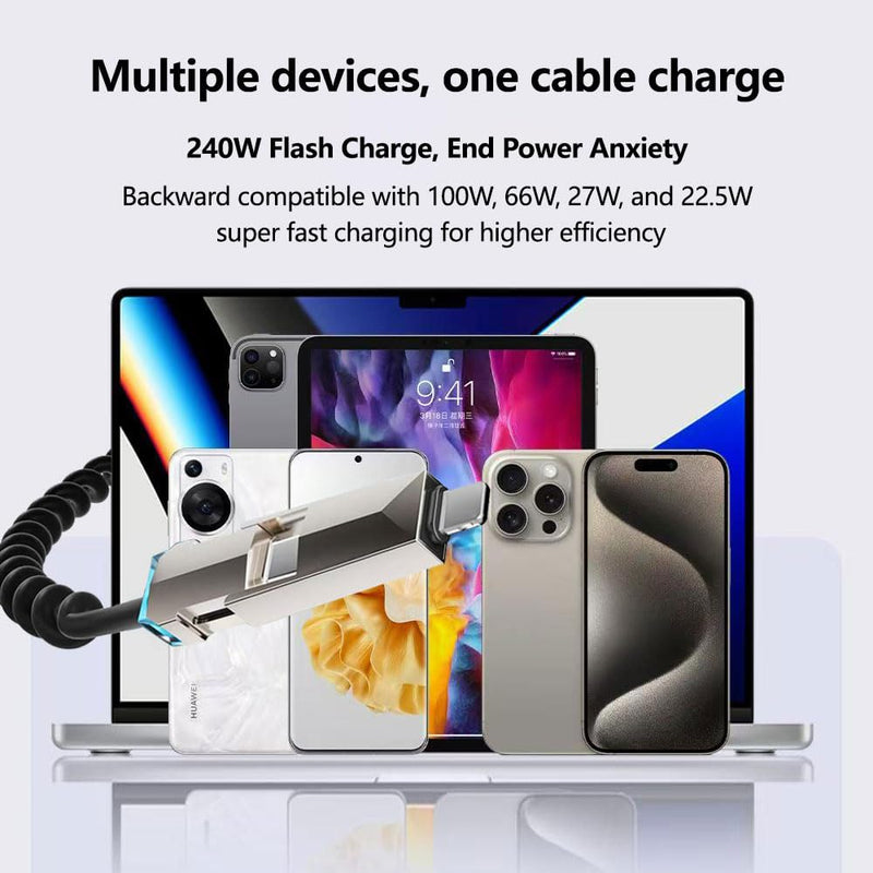 4 in 1 Spring Fast Charging Cable (2Pack), 240W USB-C PD Multi Fast Charging, 1.2m/5ft Coiled Retractable Cable for iPhone, Samsung, iPad, MacBook,Tablets - Black