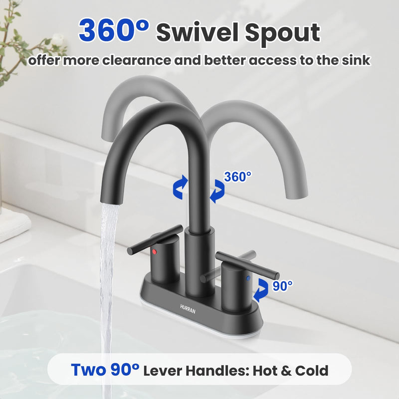 Hurran 4 Inch Bathroom Faucet for Sink 3 Hole, Matte Black Bathroom Faucet with Pop-up Drain and 2 Supply Hoses,Stainless Steel Lead-Free 2-Handle Centerset Faucet for Sink Vanity RV