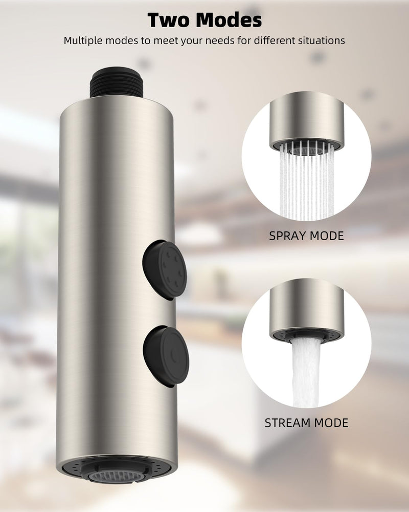 Hibbent Metal Pull Down Kitchen Faucet Head Replacement with 15 Adapters, Sink Spray Head, 2 Function Spray Nozzle Compatible with Moen, American Standard, Delta, Kohler Faucets, Brushed Nickel Stainless Steel