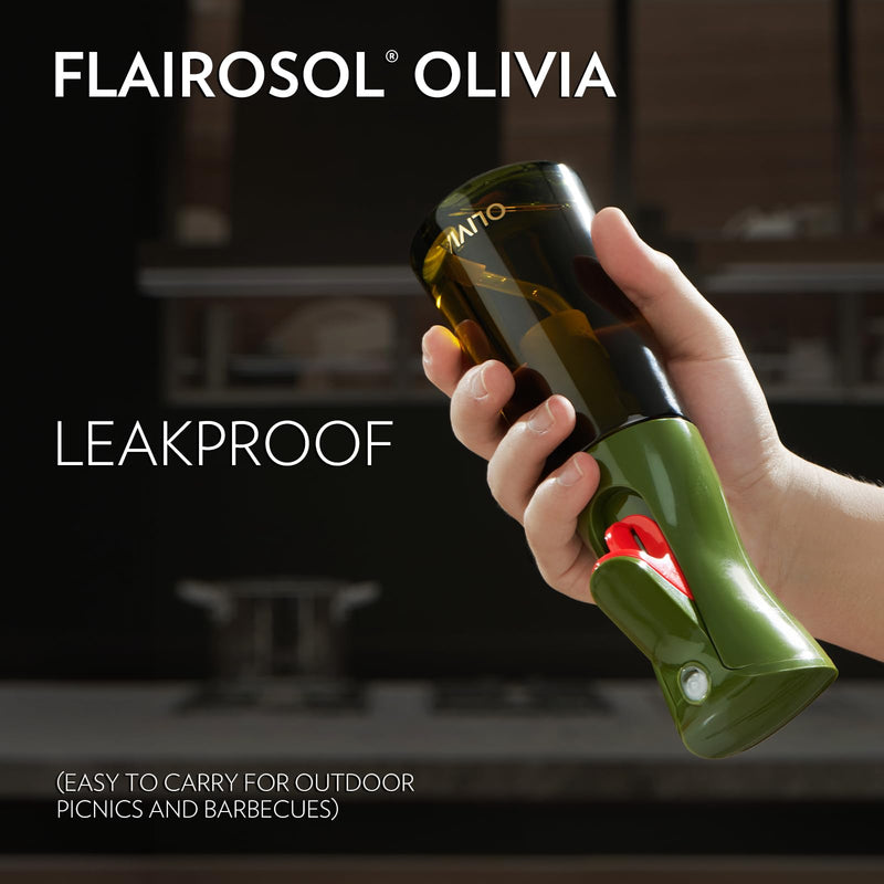 FLAIROSOL OLIVIA Oil Sprayer for Cooking, 200ml Glass Olive Oil Sprayer, Continuous Cooking Spray with Portion Control, Oil Dispenser for Kitchen, Air Fryer, Salad, BBQ (Green Bottle, Gold Print) 1 Pack Green