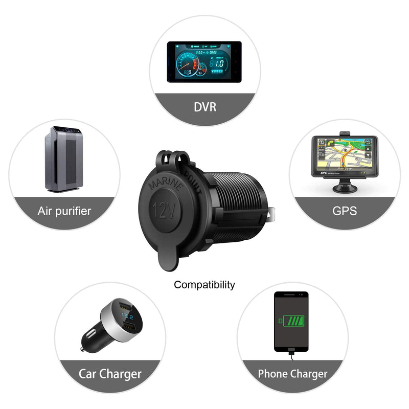 Cigarette Lighter Socket Car Marine Motorcycle ATV RV Lighter Socket Power Outlet Socket Receptacle 12V Waterproof Plug by ZHSMS Black