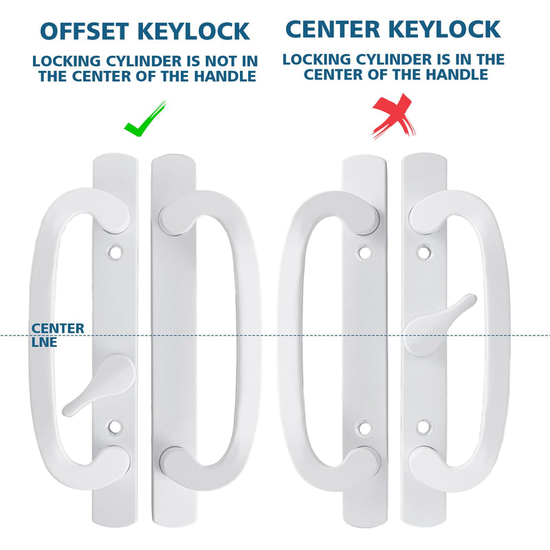 Sliding Patio Door Handleset, 45° Keyway, 3-15/16" H.C., Fits 1-3/8" to 2-1/4" Thick Doors, No-Handed, White Diecast, Offset Position Non-Keyed｜Off Center Thumb Latch Non Keyed-Only Handle