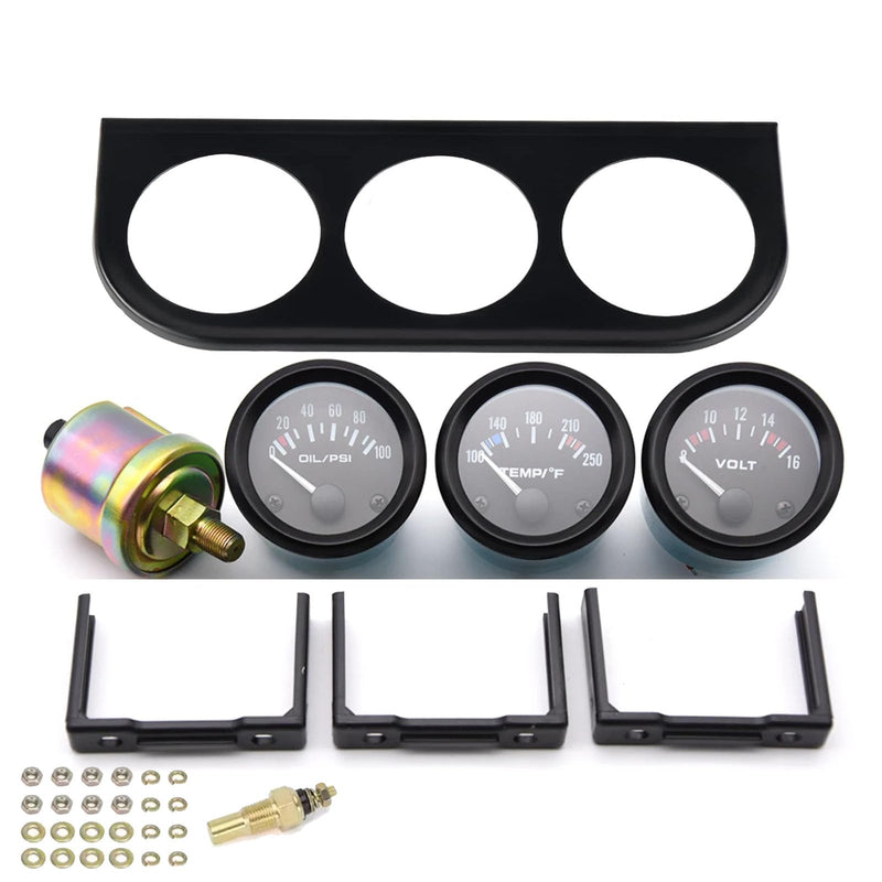 3-in-1 Triple Gauge Kit - Oil Pressure, Voltage & Water Temperature Gauges for Cars Black