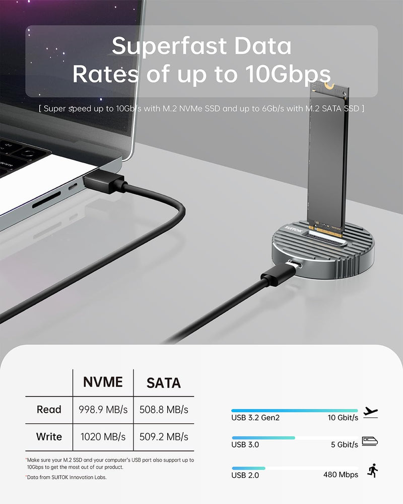 M.2 NVMe SSD Reader External, 10Gbps M2 to USB Adapter for Both M 2 (M Key, B+M Key) NVMe and SATA NGFF SSD Dock, Size for 22110 2280 2260 2242 2230 Drive Round Docking - Aluminum Alloy STK06 Lite 10Gbps M.2 Dock