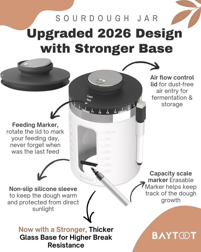 Sourdough Starter Jar Kit 33oz – Wide Mouth Sourdough Fermentation Jar, Upgraded 2026 Sour dough Container Reinforced Thick Glass Base, Airflow Lid, Feeding Tracker & Thermometer (White) white