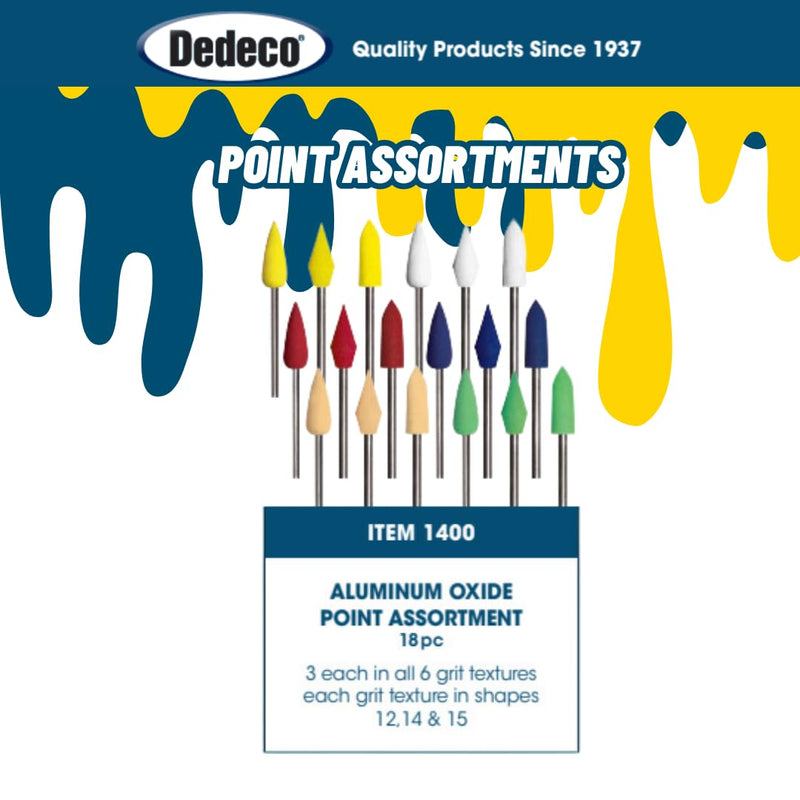 Dedeco Sunburst - 3/32” (2.35 mm) Shank Points - Precision Thermoplastic Rotary Cleaning, Deburring, and Polishing Tool Set, 18 3/32" Shanks - 3x 6 Grits, Shapes 12, 14, and 15