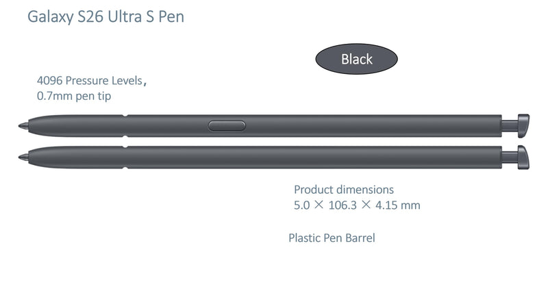 S Pen S26 Ultra Replacement for Samsung Galaxy S26 Ultra,Black | EMR passive no battery, 4096-level pressure, 0.7mm nib, 5 spare tips, seats in phone pen slot Black