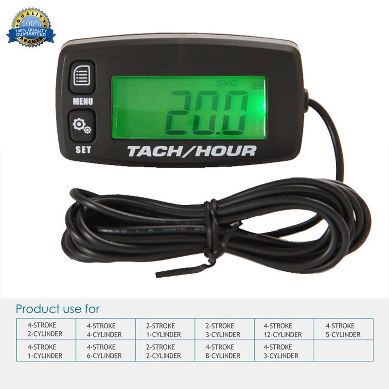 Engine Hour Meter Inductive Tachometer Backlit Gauge Digital Resettable Tach Hour Meter for Boat Motorcycle Marine Glider ATV Snow Blower Lawn Mower