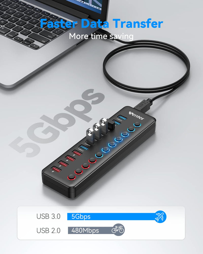 Powered USB 3.0 Hub, Wenter 11-Port Hub Splitter (7 Faster Data Transfer Ports+ 4 Smart Charging Ports) with Individual LED On/Off Switches, Power Adapter for Mac, PC 7+4
