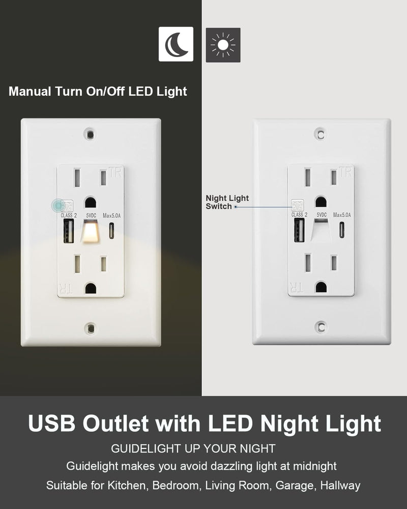 USB Outlet with Light, Modern 15A Standard Outlet with Night Light, USB Type A & Type-C Electrical Outlet with Light,Tamper Resistant(TR) Receptacle Outlet with LED Light-Easy to Install (4PCS, White) 4
