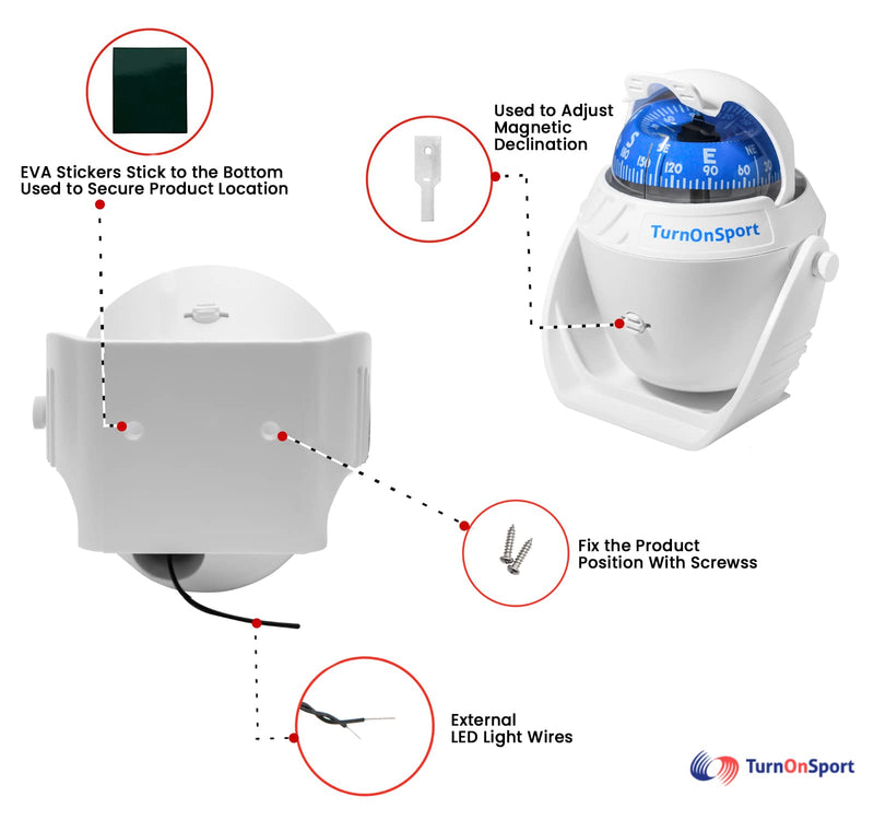 Boat Compass Dash Mount Flush - Boating Compass Dashboard Suction - Navigation Marine Compass Boats Surface Mount - Illuminated Dashboard Compass Ship - Electronic Sea Compass White