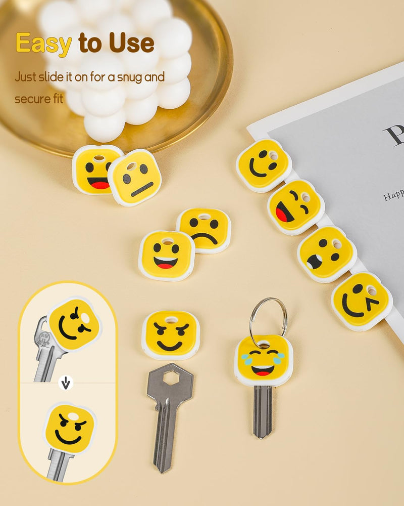 Uniclife 10 Key Covers Caps, 1" Stretchy Key Identifiers, Cartoon Faces | Durable key cover fit 0.9-1 in flat key heads for standard house keys, enables quick identification and key protection 10 Pcs