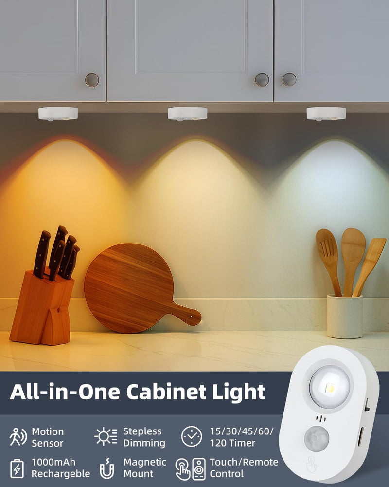 Yiliaw LED Motion Sensor Puck Lights Indoor, Small Rechargeable Under Cabinet Lighting, Dimmable Warm White Closet Lights, Stick on Wireless Night Light for Drawer, Shelf, Kitchen, White (9 Pack) 9 Packs