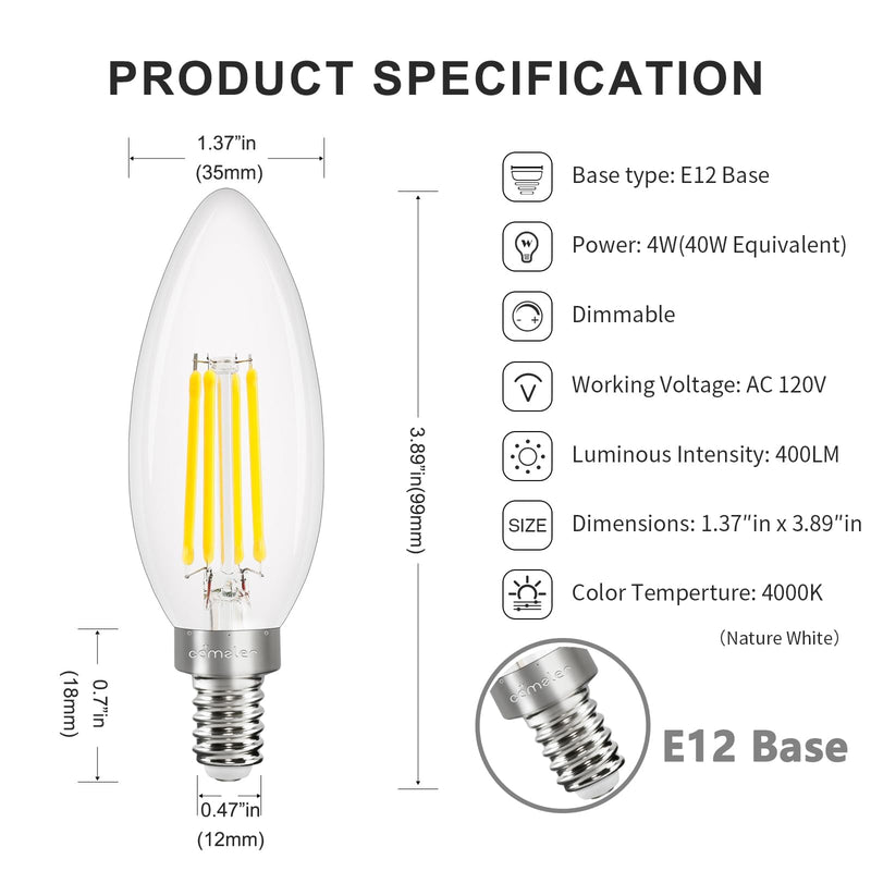 comzler E12 LED Candelabra Bulb Dimmable, 4000K Natural White, 4Watt 40W Equivalent, Type B Chandelier Light Bulb, B11 Edison Filament for Ceiling Fan, 400LM, Pack of 12 12 Count (Pack of 1)