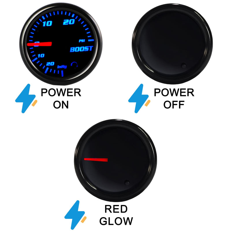 Tinted 7 Color Turbo Boost/Vacuum Gauge 30 PSI Kit 2"(52mm) Includes Mechanical Hose T-Fitting Wiring Multi Color Display White Housing Black Dial Smoked Lens for Car Truck