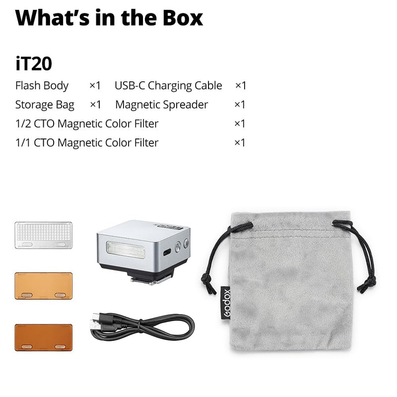 Godox IT20 S IT20S Mini Camera Flash for Sony, TTL Godox Flash,700+ Full Power,1.5s Recycle Time,USB-C Charging, with Magnetic Diffuser & Filter -Silver Silver