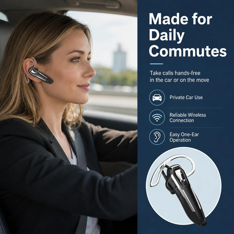 Sliver Bluetooth Earpiece with Mic, Mono Wireless Headset, 30H Call Time, Dual MEMS Mics, Mute Button, USB-C Charging, Voice Assistant, for Office Driving Cell Phones