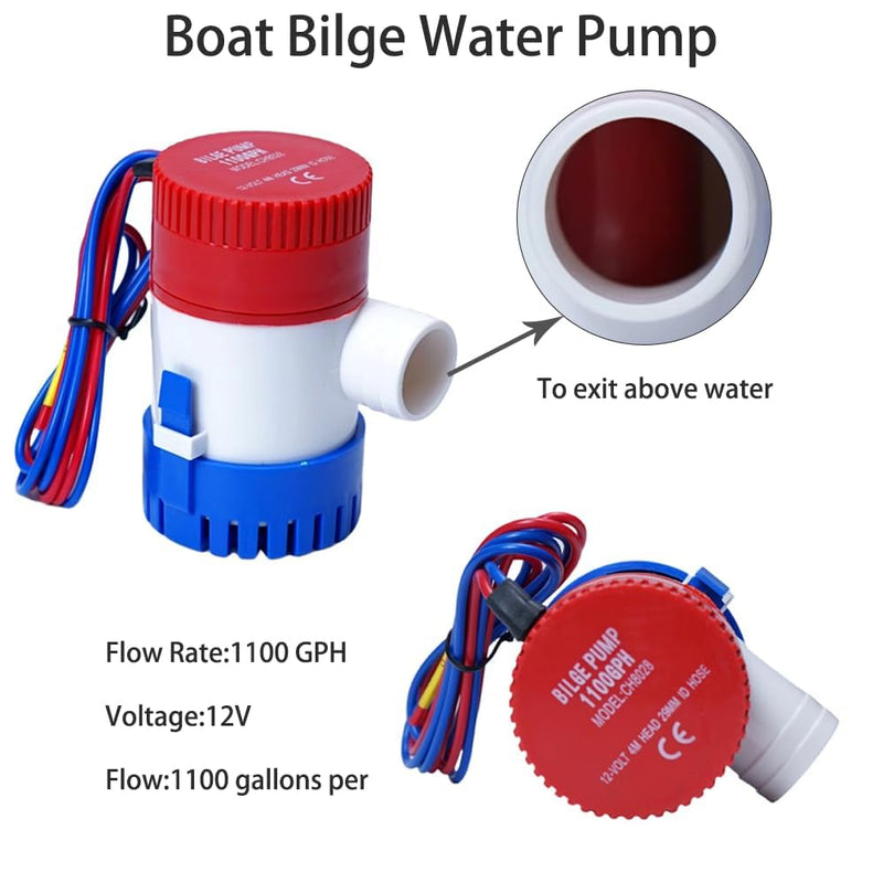 12v 1100gph Boat Bilge Water Pump, 1-1/8 Inch Bilge Pump Plumbing Kit, 6.5FT Bilge Pump Hose, 2 Stainless Steel Clamps and Thru-Hull Fitting