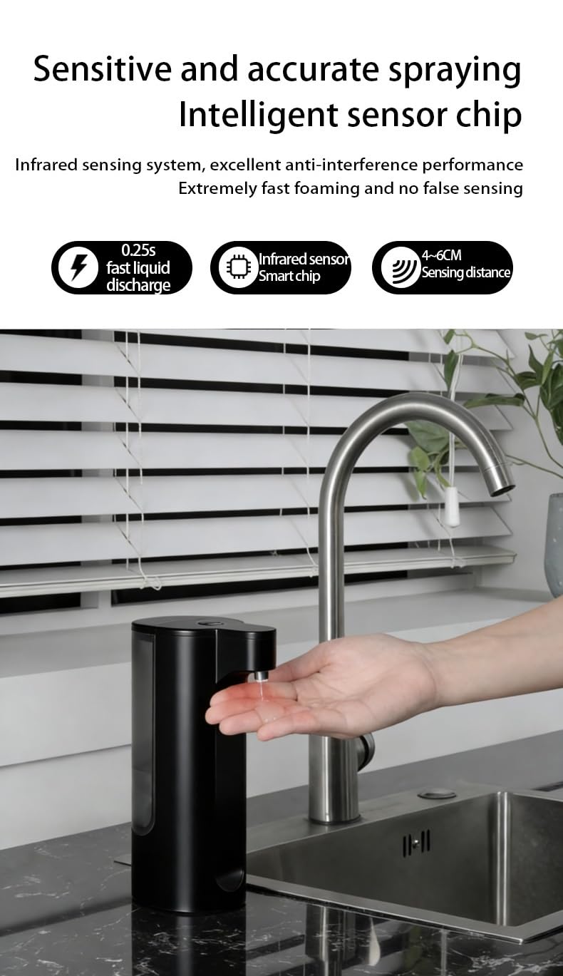 Automatic Soap Dispenser Touchless Dish Soap Dispenser 13.5oz/400ml with Infrared Sensor Type-C Rechargeable Liquid Dispenser for Bathroom and Kitchen Black