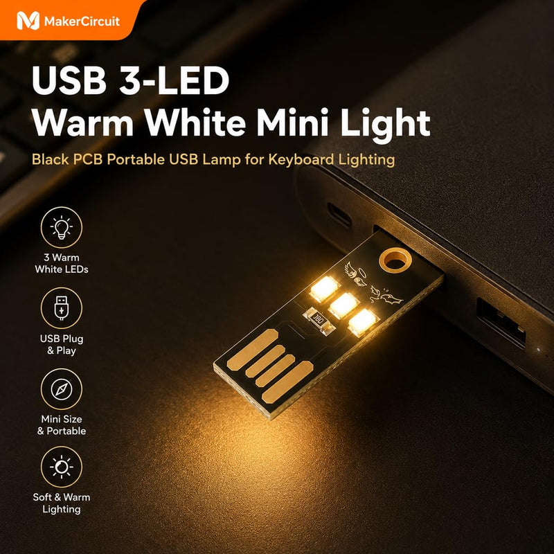 10pcs Warm White USB 3-LED Light Module, Black PCB Mini USB Lamp for Laptop Keyboard, Power Bank, Reading and Travel Use USB-3LED-3-Warm white