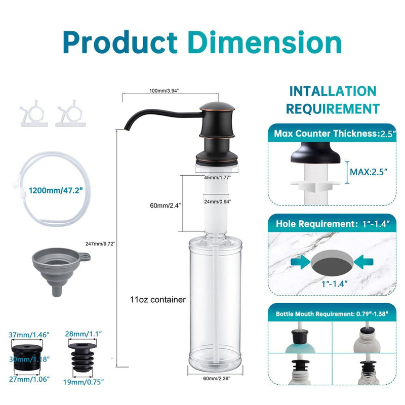 Delle Rosa Soap Dispenser, Liquid Soap Dispensers for Kitchen Sink, Brass Head Kitchen Sink Soap Dispenser Soap,Oil Rubbed Bronze Brass Pump with 47" Extension Tube kit, No Need to Fill Oil Rubbed Bronze(47" Extension Tube Kit)