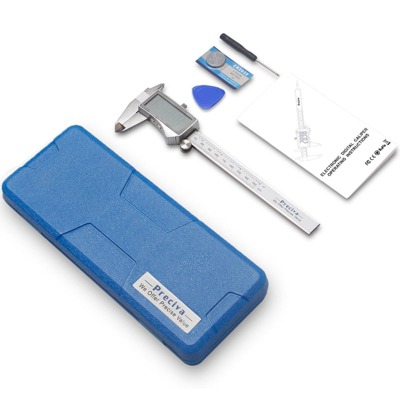 Preciva Digital Caliper, Electronic Stainless Steel Caliper Measuring Tool, Micrometer Calipers with Large LCD Screen, Switch from Inch Metric Fraction, Auto-Off Feature (6INCH/150MM) (White) White