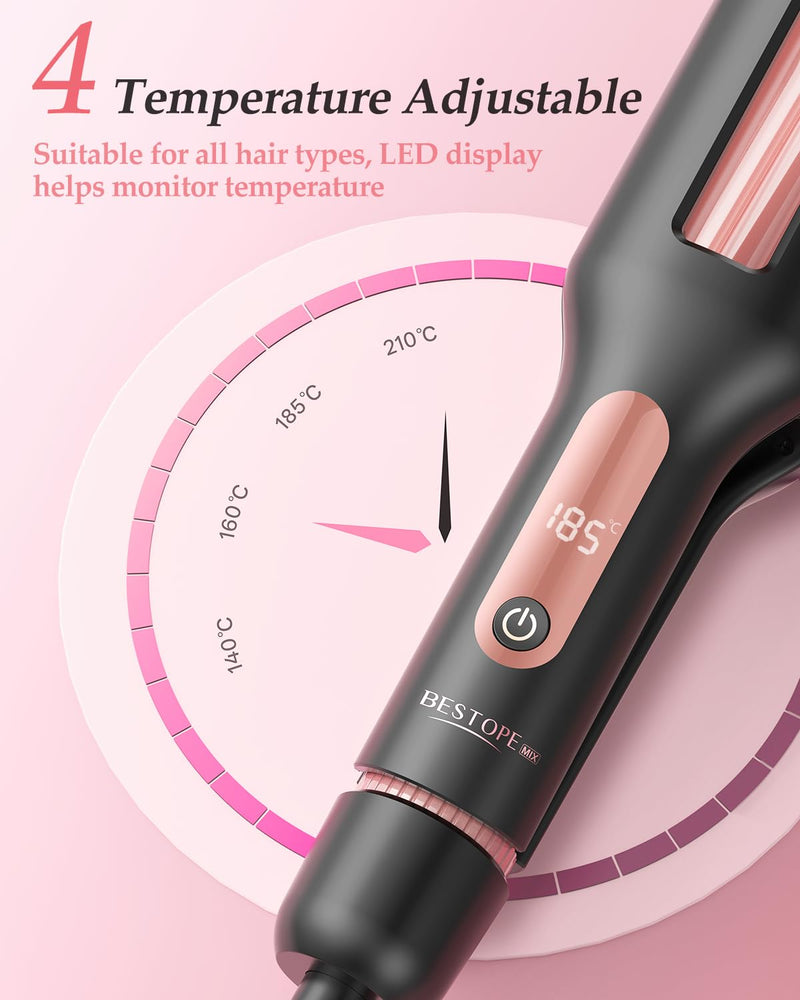 4 in 1 Adjustable Wave Curling Iron - 22/25/32/38mm Ionic Beach Waver Hair Curler with Ceramic Electrical Coating, Anti-Scald, 30S Heat Up, Digital Display, 4 Temperature(140°C-210°C), Black+Rose Gold
