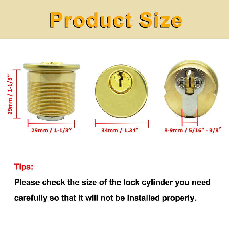 2 Pack Brass Mortise Door Cylinder Lock, 1 1/8" Inch Length Keyed Standard SC1 Keyway, Door Replacement Lock Cylinder with 2 keyed Different Keys Suitable for Home and Commercial Use (Golden).