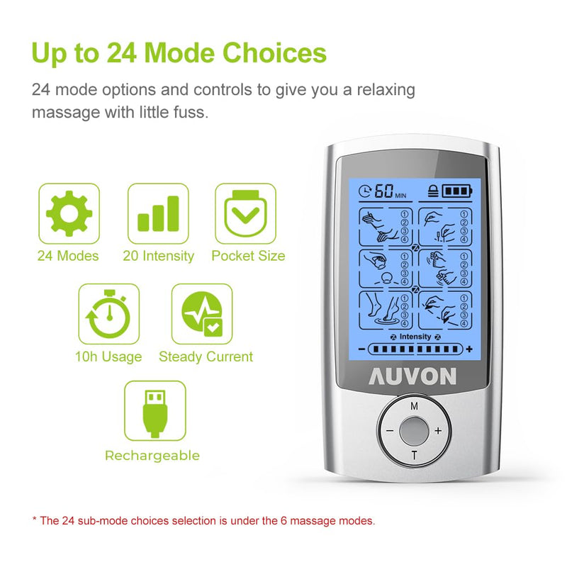 AUVON Rechargeable TENS Unit Muscle Stimulator, 24 Modes 4th Gen TENS Machine with 8pcs 2"x2" Premium Electrode Pads for Pain Relief A-silver
