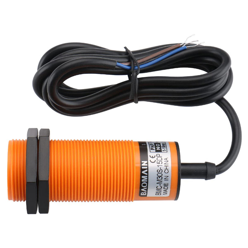Baomain Capacitive Proximity Sensor, Cylindrical M30 Plastic, Sn 15 mm, 3-Wire PNP Output, VDC Input, NO Contacts, Cable 2 mm BMC-M30S-15DP