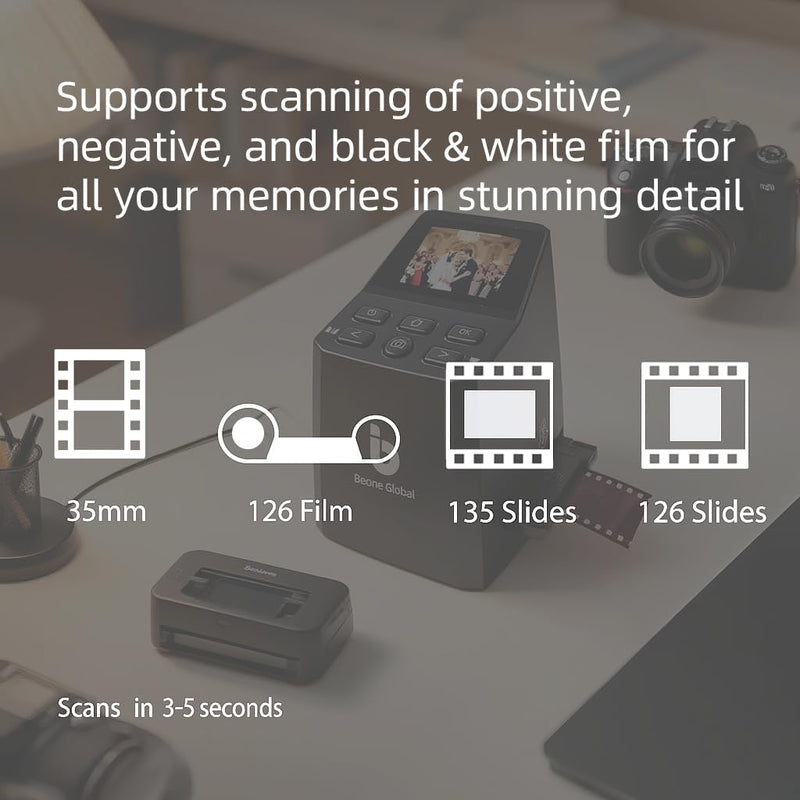 BEONEGLOBAL ClearScan MINI Film Scanner 16MP Slide & Film Scanner, Converts 35mm/135/126 Film & Slides to Digital Photos, Easy-to-Use Film Digitizer，2.31" LCD Screen