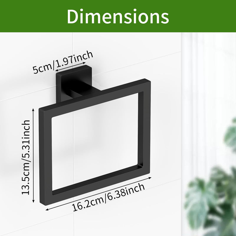 FLE Hand Towel Ring, Towel Rings for Bathroom Wall, 2 Pack, Black | Screw Mount Hardware, Stainless Steel Towel Hanger, Modern Square Hardware