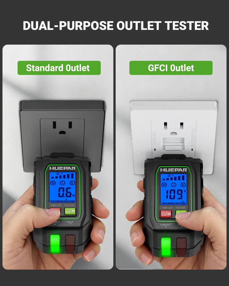 HUEPAR 2-in-1 NCV GFCI Outlet Tester, Electrical Circuit Tracer Voltage Testers with LCD Display for Standard 3-Wire 30-150V AC Electrical Outlet Test- SK3001