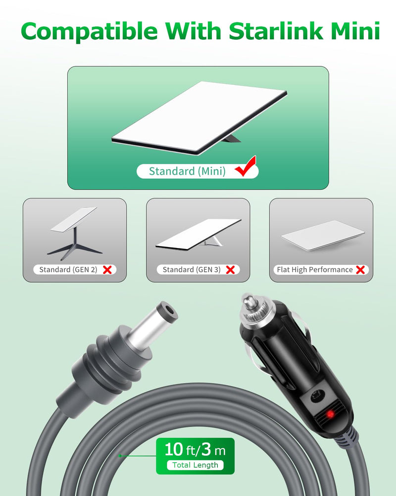 Starlink Mini DC Power Cable Cigarette Lighter 10FT Starlink Mini Cable 12V-24V DC Car Power Cable for Starlink Mini Accessories 18AWG Starlink DC Power Supply for Trucks Buses Ships Waterproof Gray Cigarette Lighter Plug